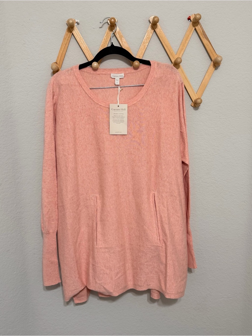 NWT! Garnet Hill Pink Heather Organic-Cotton Pocket-Detail Sweater Size XL